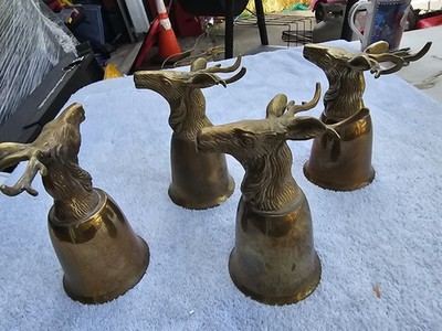 Vintage Brass Deer Stirrup Cups Set of 4 | Stag Head Barware | Rustic Bar Decor
