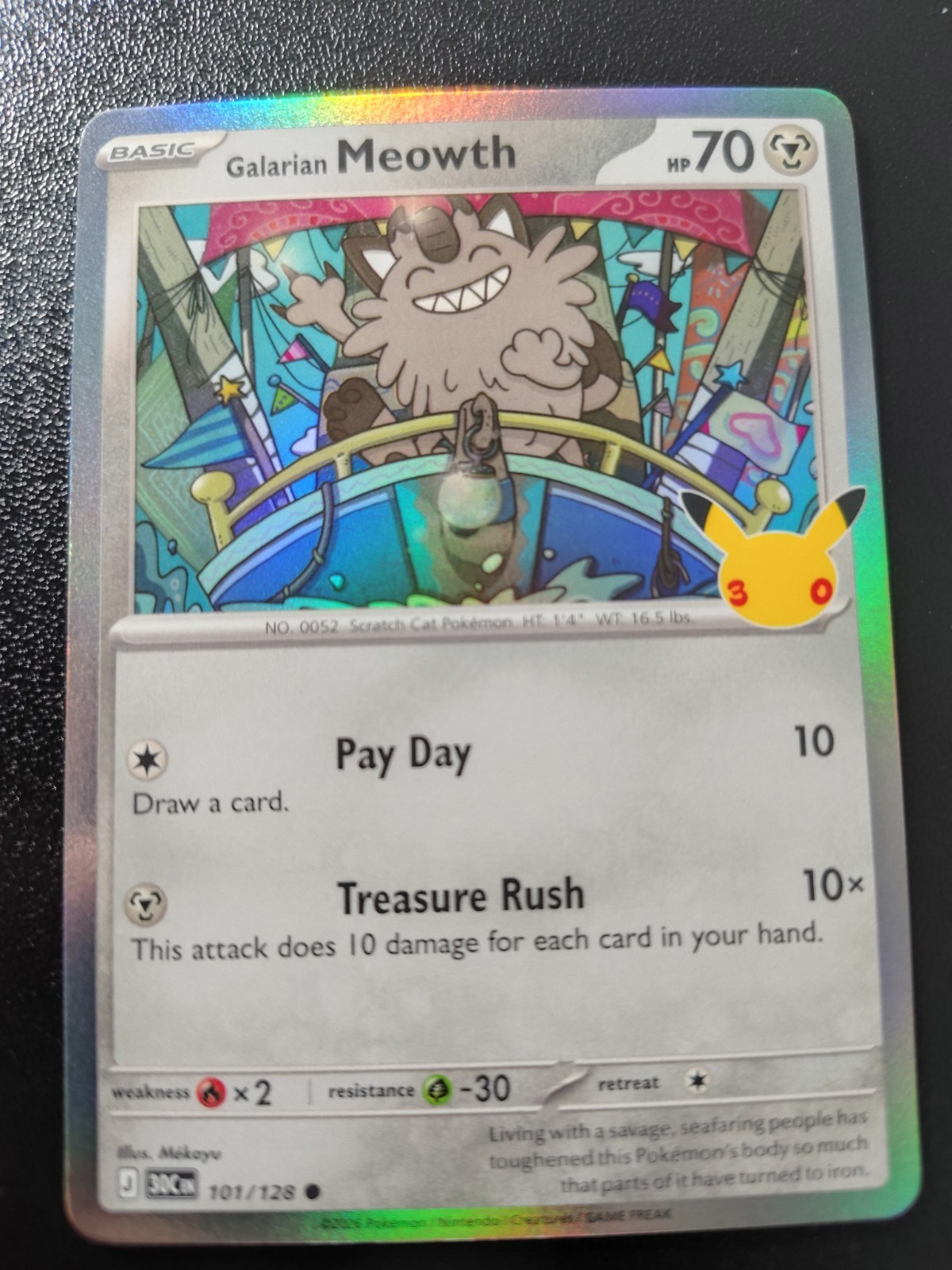 Pokemon 30th Celebration Galarian Meowth Holo Common Card 101/128 NM