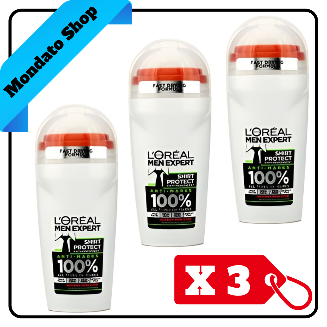 DEODORANTE L' OREAL 50ml ROLL ON MEN EXPERT SHIRT PROTECT 48h ANTI-TRACCIA (X3)