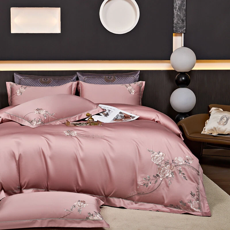 Bedding Set 4 Pcs Cotton Embroidery Flower Duvet Cover Flat Sheet 2 Pillowcases - Image 4 of 4