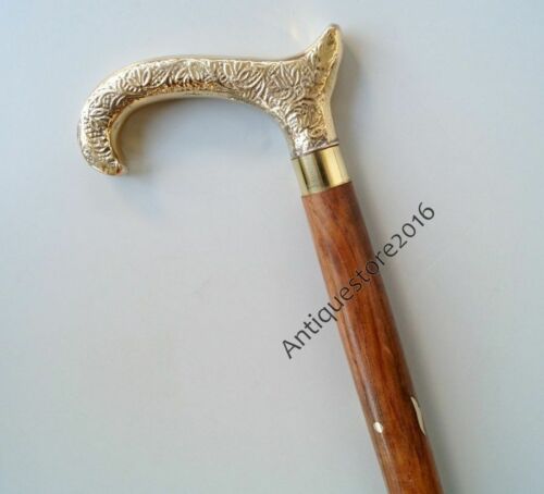 Bastone da passeggio in legno antico manico testa derby vittoriano ottone vintage regalo - Foto 2 di 4