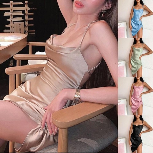 Womens Sexy Cowl Neck Satin Spaghetti Strap Backless Side Drawstring Mini Dress - Picture 1 of 17