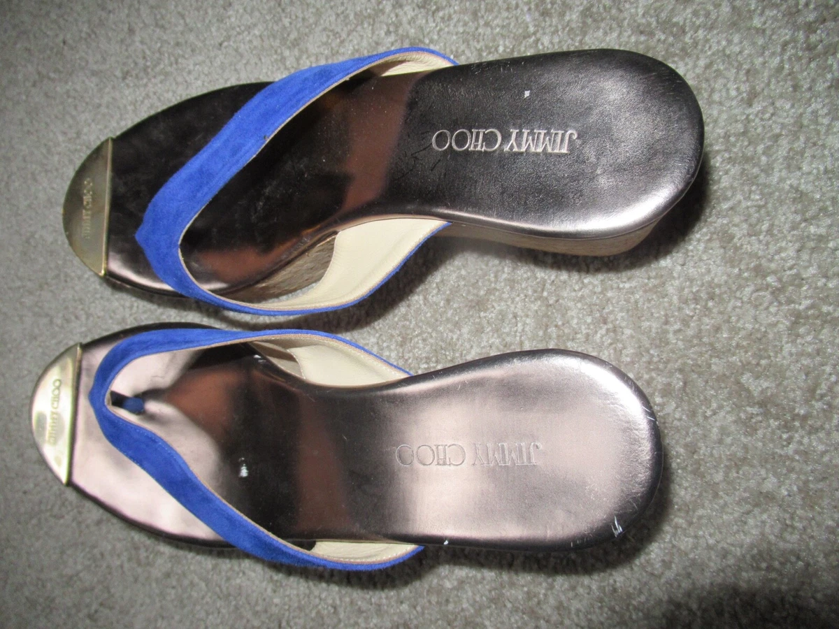 JIMMY CHOO Sapphire Blue Velvet Slides Espadrille Shoes 9 39 Gold