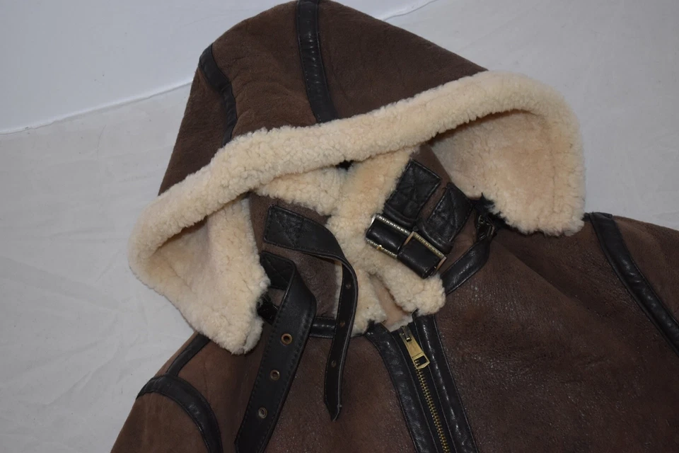 Burberry Brown Leather Shearling Hooded Biker Jacket Coat Womens UK8/10 Mens S/M - Image 3 of 4