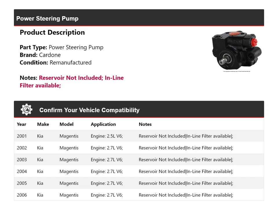 For 2001-2006 Kia Magentis Power Steering Pump Cardone 2002 2003 2004 2005 - Image 2 of 4