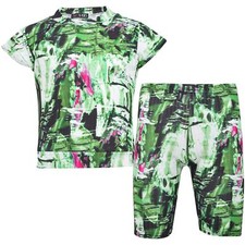 Kids Girls Short Sleeves Green Crop Top Tie Dye Print Top Shorts Set Age 7-13