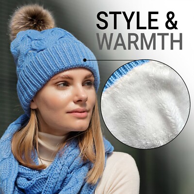 Tall Knit Pom Hat & Infinity Scarf Set - Blue Multi Matching 3 Pack: Pom Beanie, Infinity Scarf and Gloves  main image 3