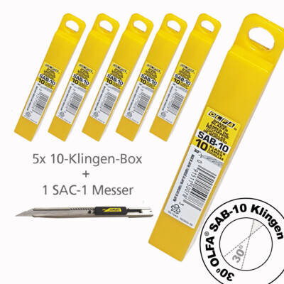 Olfa   5xSAB-10, 50 Stk.Präzisions-Klinge 9mm + 1 Stk. OLFA SAC-1 Messer im Set