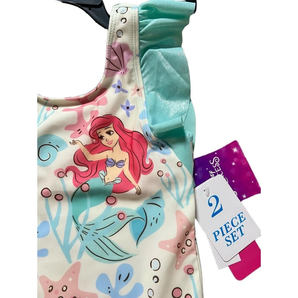 Nuevo con etiquetas Traje de baño y encubrimiento de Disney para niñas 6/7 verde azulado Ariel de una pieza con capucha volantes lindo Foto 4 de 4