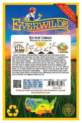 500 Red Acre Cabbage Seeds - Everwilde Farms Mylar Seed Packet - Picture 2 of 3