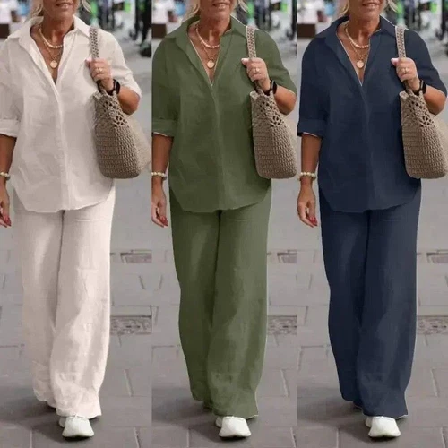Women's Cotton Linen Suit Sleeve Shirt Long Loose Pants Set Female Casual Sets - Picture 4 of 26