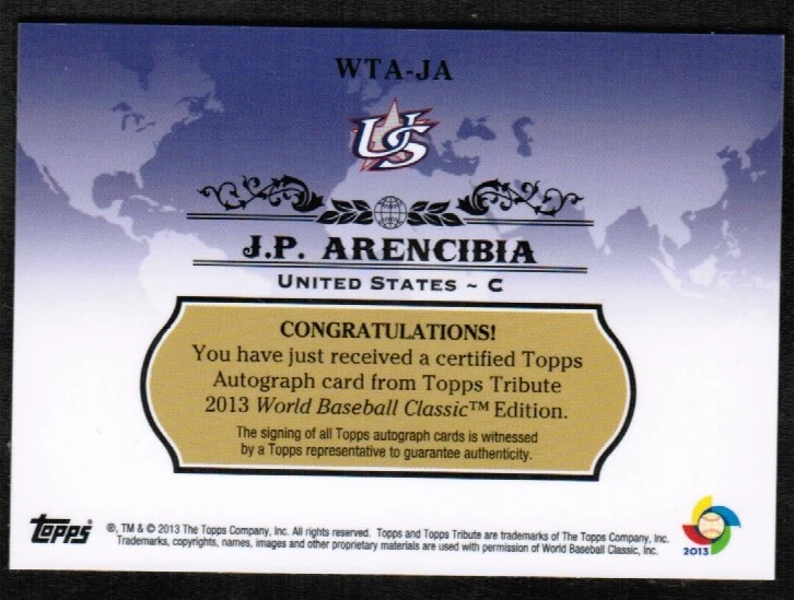 2013 Topps Tribute WBC Autographs Blue #JA J.P. Arencibia Auto #/50 (ref 28031) - Image 2 of 2