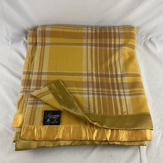 VTG Laconia Wool Blanket Yellow Plaid Satin Trim Australia 120 x 214cm CP#8721