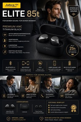   Jabra Elite 85t Titanium Black + Ladecase | ANC | Bluetooth | Sehr Guter Zust