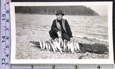 Man Fishing Stringer Fish Food Nature Lake Trout? Vintage BW Photo Snapshot #1