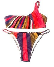 New Emilio Pucci Swimsuit Two Piece Bikini Bandeau One Shoulder Multicolor READ