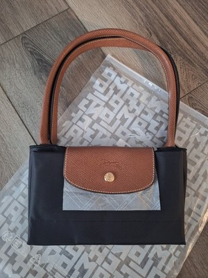 Longchamp BLACK Medium Le Pliage Nylon Leather Tote Bag Never used no tags 