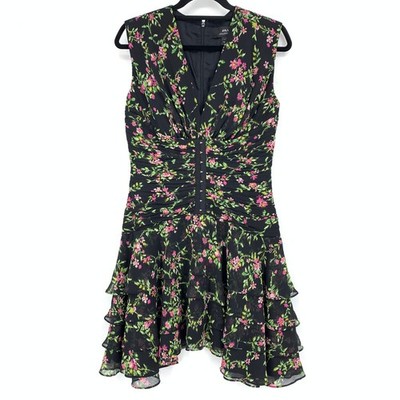 Jill Jill Stuart Dress Women's Sz 8 Floral Corset Ruffle Tiered Mini Black Pink