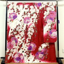 Japanese kimono SILK"FURISODE"Long slleeves,SAKURA ,Peony,Embroidery,L5'5"..4728