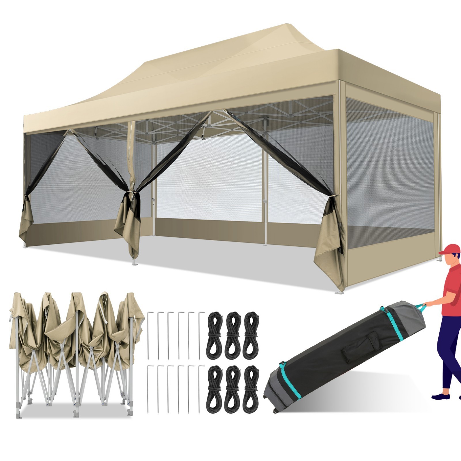 10x15ft/10x30ft Heavy Duty Pop Up Gazebo Mesh Screen Tent Wi