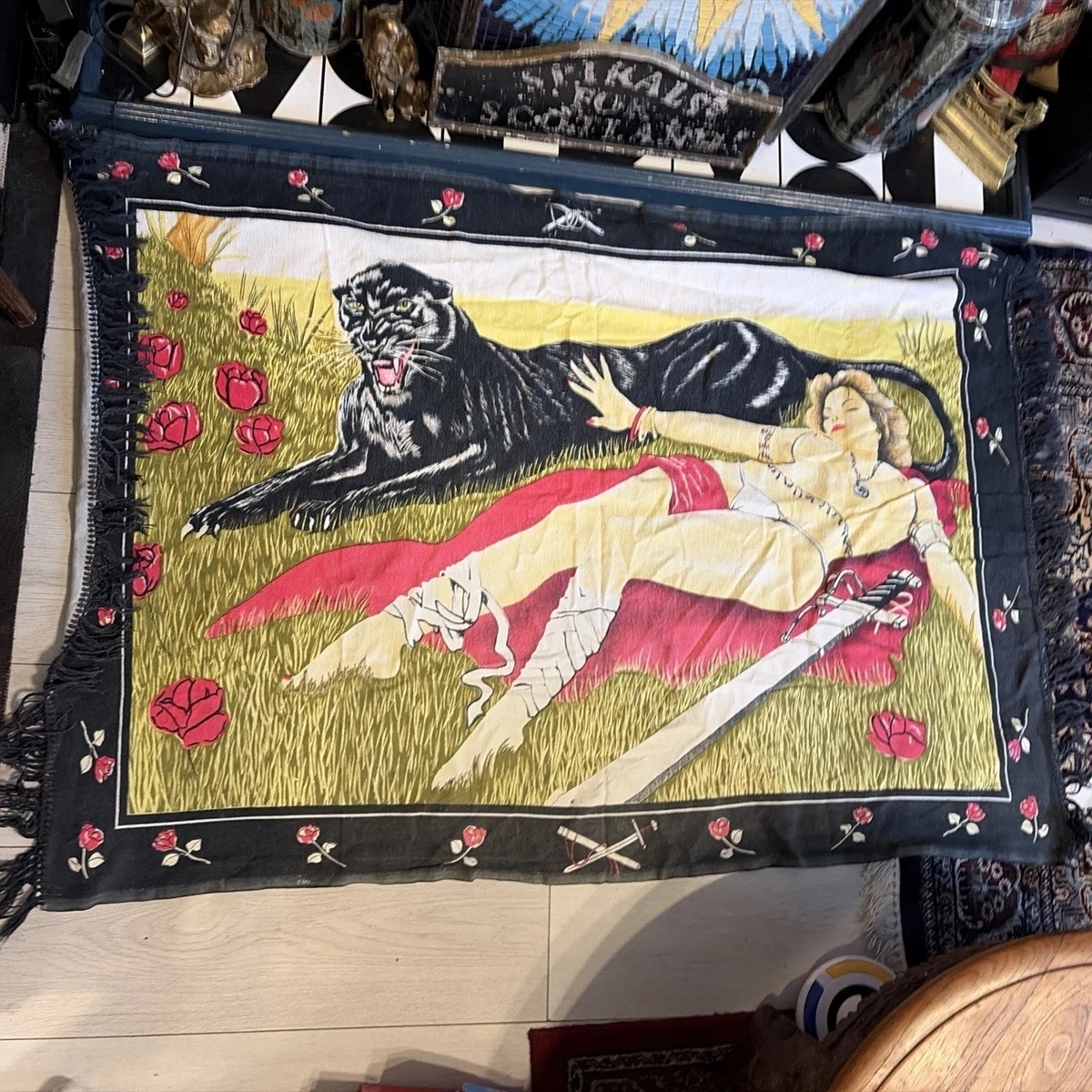 VTG Panther TAPESTRY 49x35” WALL HANGING ANIMAL JUNGLE RUG ART DECORATIVE Lady