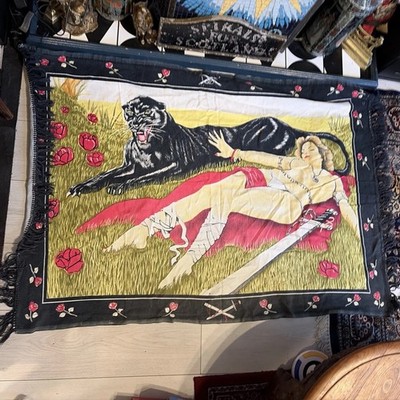 Vintage Panther GOBELIN 49x35'' WANDBEHANG TIER DSCHUNGEL TEPPICH KUNST DEKORATIV Dame