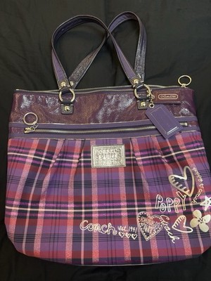 Coach Poppy Glam Tote Purple Plaid Patent Shoulder Bag Hangtag Style 15886