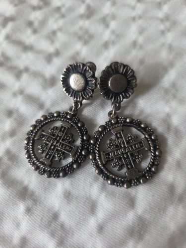 Antique Silver Jerusalem Maltese Cross Clip-on Earrings