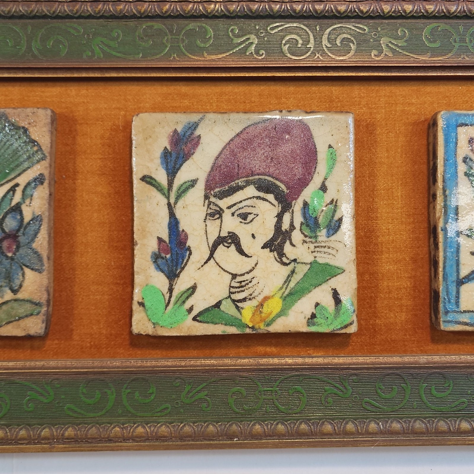 Hand-Painted VTG Persian Style Tile Wall Art Ornate Wooden Frame Floral MCM