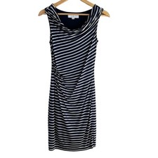 Ann Taylor LOFT XXSP Sleeveless Sheath Dress Navy Stripe Cowl Neck Ruched