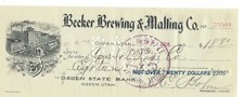 Becker Brewing & Malting Co.,  1908, Bankcheck