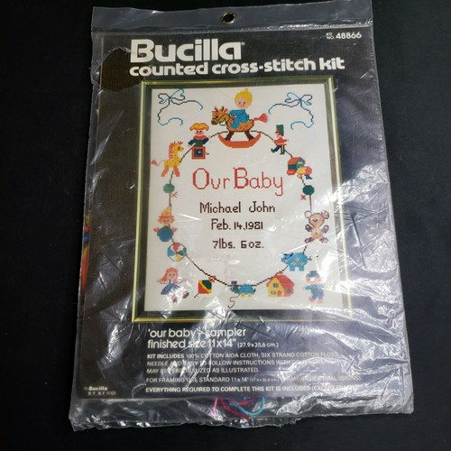 Vintage Bucilla gezähltes Kreuzstich-Set unser Baby Sampler 48866 hergestellt in den USA personalisieren
