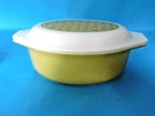 VINTAGE PYREX ART DECO GOLD & WHITE 043 1 1/2 QT. OVENWARE CASEROLE DISH