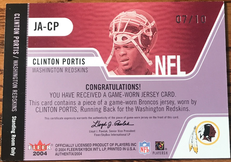 2004 Fleer Authentix Jersey Authentix STAND ROOM RARE Clinton Portis #’d 07/10 - Image 2 of 4