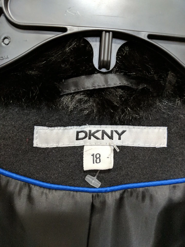 Abrigo de andador DKNY para mujer negro con cuello de piel sintética mezcla de lana talla 18 se adapta a más $325 Foto 4 de 4