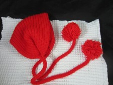 vintage little girl red acrylic hat bonnet with long chin ties pom poms