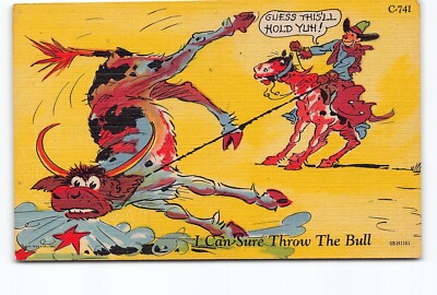 I Can Sure Throw The Bull Cowboy Roping Steer Ride Em Linen Postcard Vtg