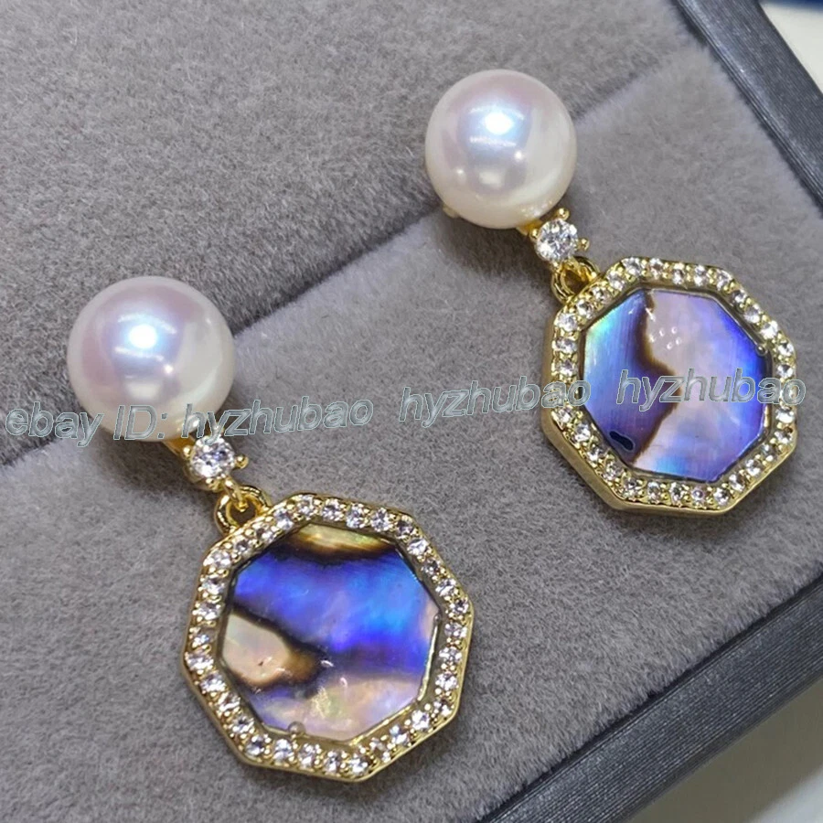 Natural White Pearl Abalone Shell Gem Inlay 18K Gold GP Stud Dangle Earrings AAA - Image 4 of 4