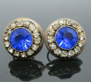 SBE # 19 Vintage Silver Tone Screw Back Earrings with Floral Like Sculpture of Blue Marquis Cut Crystal Rhinestones