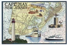 Cape May New Jersey Nautical Chart, Lighthouse Boat Ferry -- Modern Map Postcard