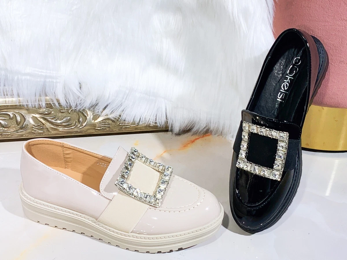 New Women Lady Platform Office Work Pump Diamante Buckle Slip On Loafers Shoes