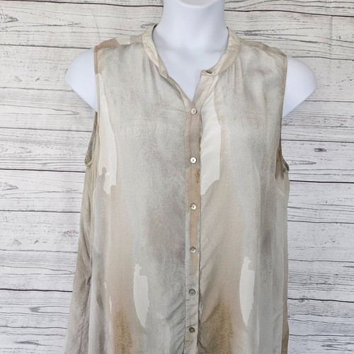 Eileen Fisher Damen Seide Tunika Top Gr. 1X grau braun ärmellos Knopfleiste - Bild 2 von 5