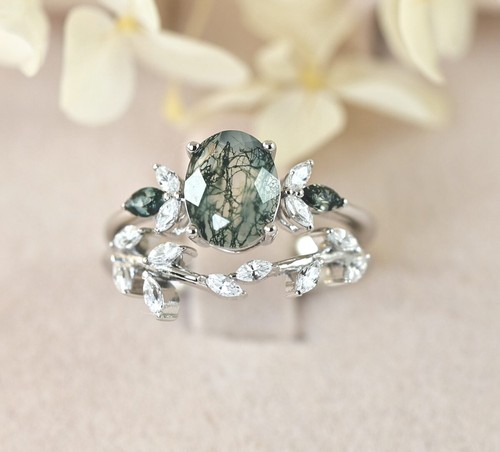 Floral Moss Agate Engagement Ring & Wedding Band Ring Set Sterling Silver S14275
