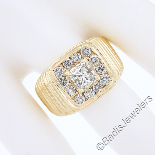 Men's Ribbed 14K Gold 1.91ctw GIA Princess Cut Diamond Solitaire & Halo Ring - Picture 3 of 11