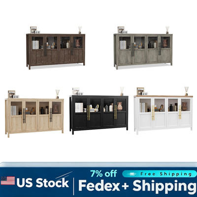 55 Inch Modern Farmhouse Sideboard Buffet Cabinet 4 Glass Doors Wood Credenza