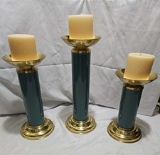 Vintage Ethan Allen 80s Aqua Gold Brass Metal Candle Holders Set of 3 Excellent