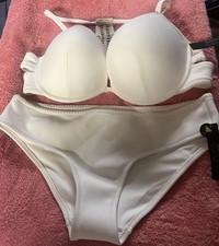 Victoria's Secret 38D L Ivory Crochet Scuba Push-up Bikini Top Bottom Set