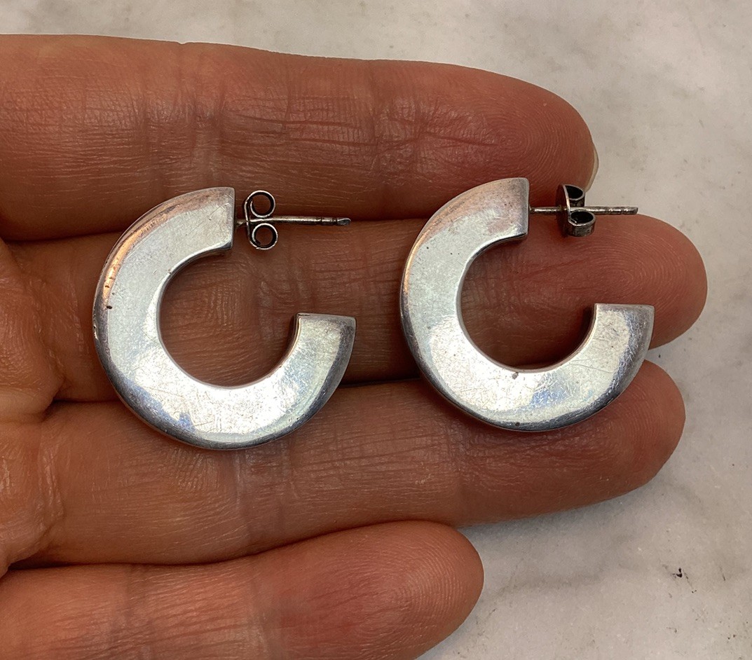 Vintage 925 Sterling Silver Modernist Hoop Earrings
