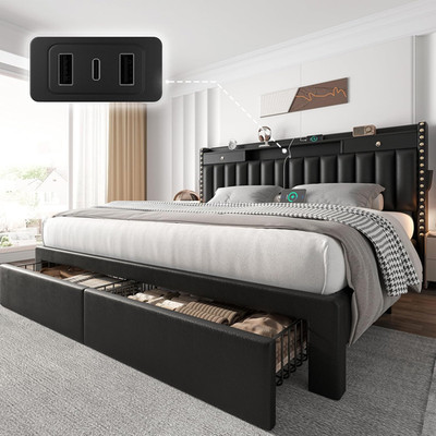 King Size Bed Frame with 2 Tier Storage Headboard, Upholstered King Bed Frame wi