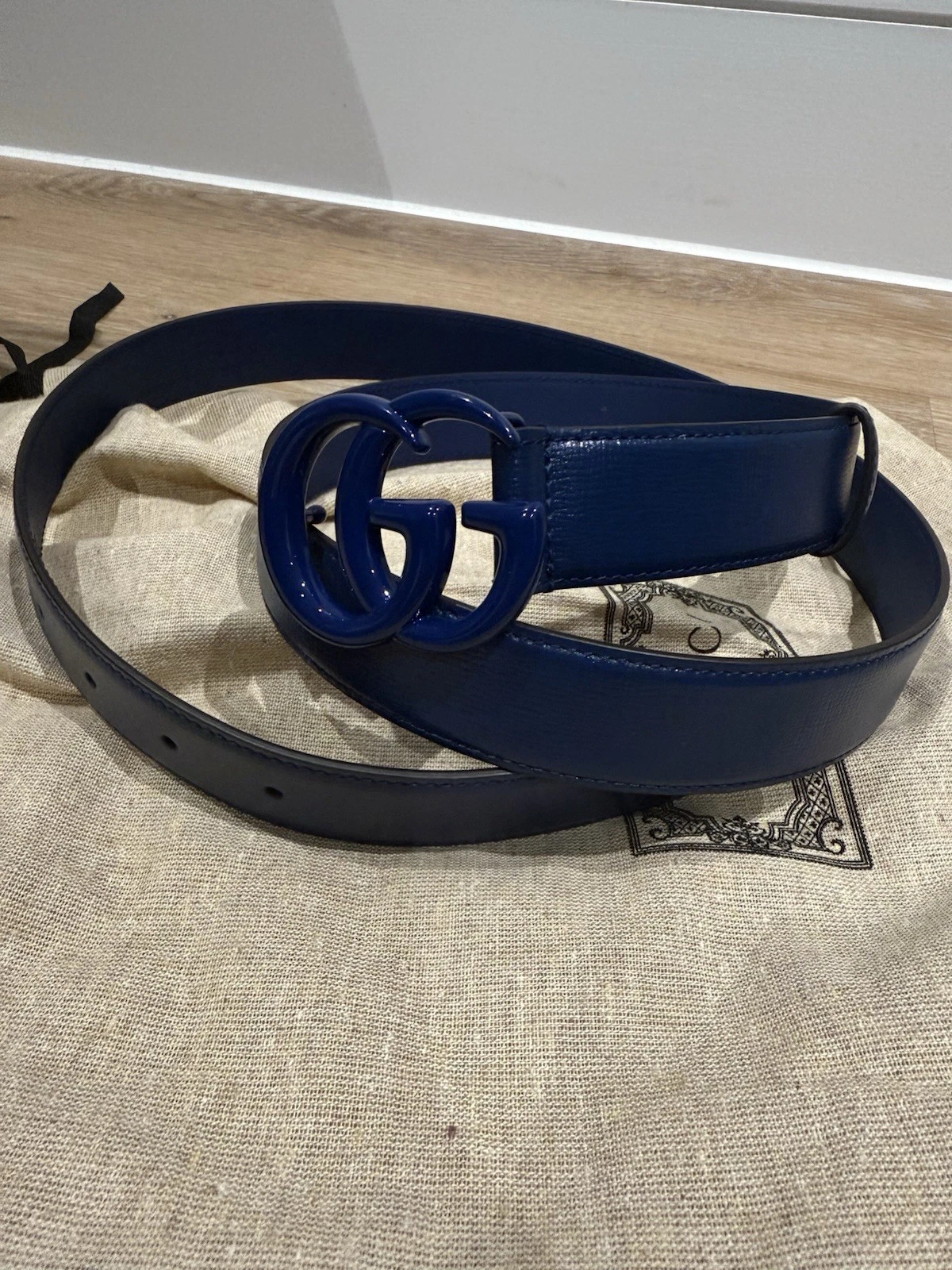Gucci Ceinture Homme Marmont 110 Cm Double G Cuir Bleu Monogramme UK 40 IT 54